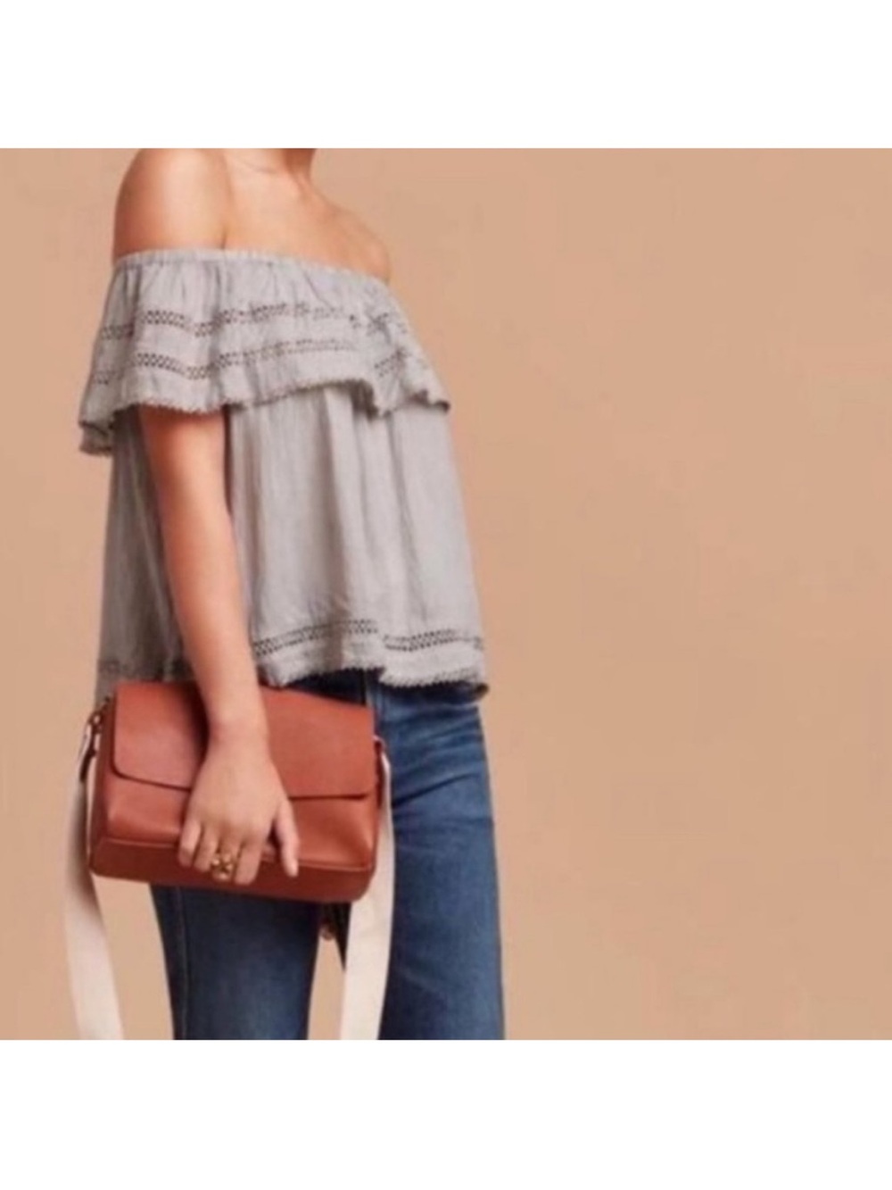 Aritzia Wilfred Light Gray Off-Shoulder Ruffle Eyelet Top